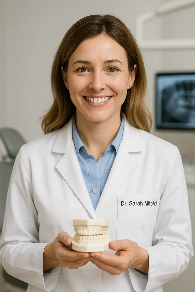 Portrait of Dr. Sarah Mitchell, DDS – fictional dental educator at ExcellentDentist.com, smiling in a white coat and holding a dental model in a modern clinic setting
